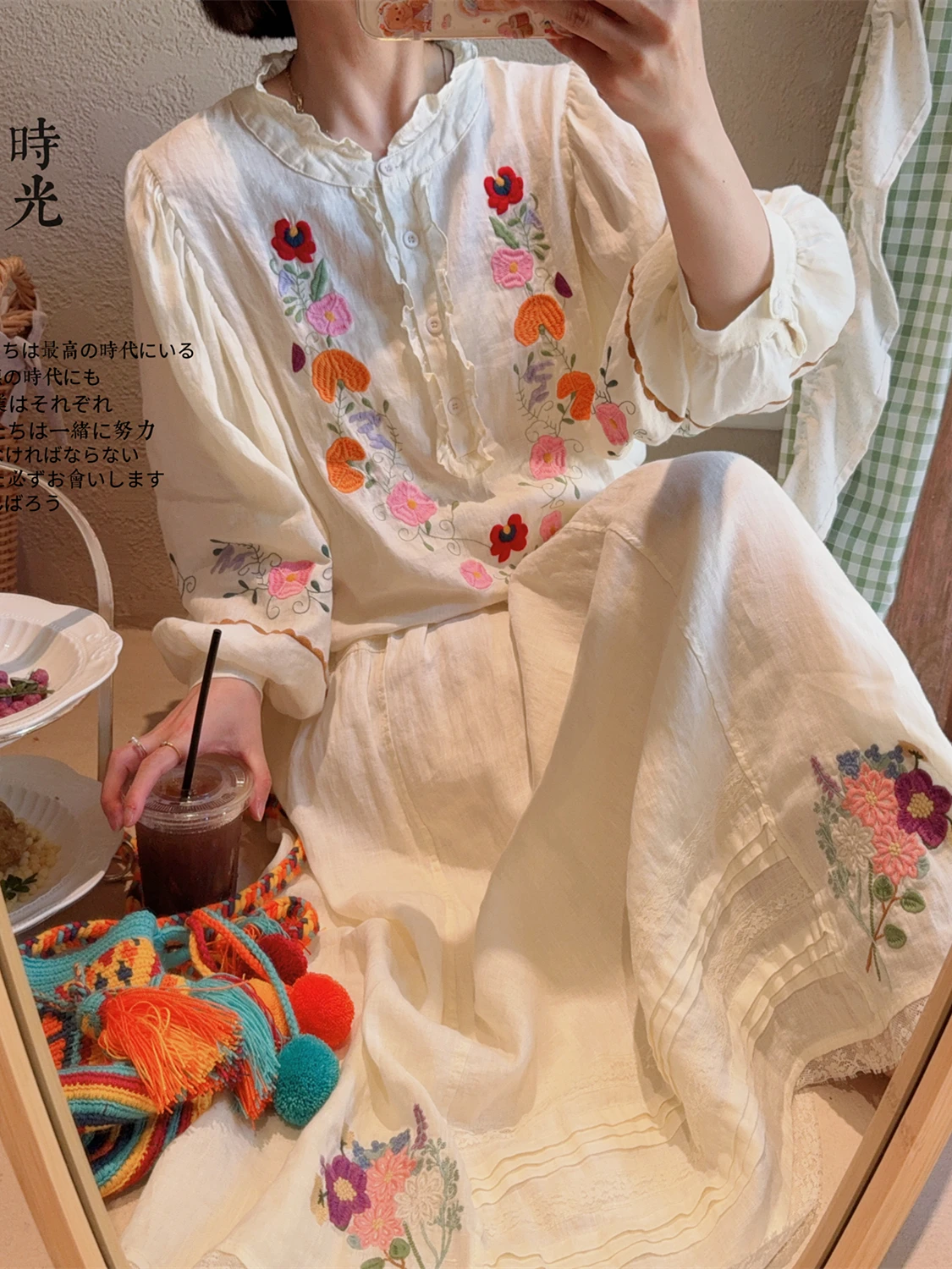

TIYIHAILEY Spring Summer LinenTops Women Long Lantern Sleeve Tees Thin Embroidery Beige Shirt Ladies Elastic Waist Mid-Calf Sets