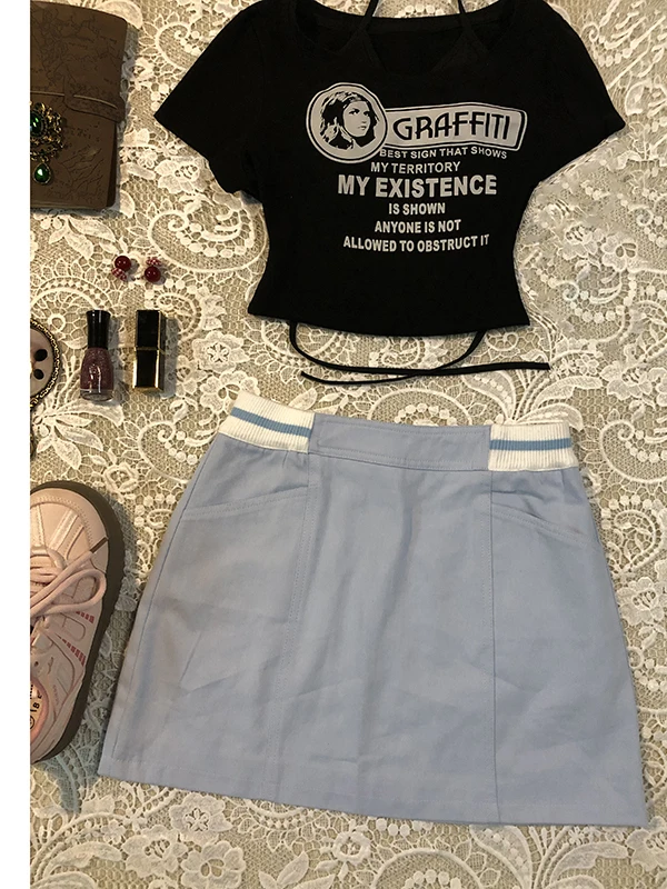 

Оригинальная светло-голубая юбка длиной f, женская винтажная студенческая юбка, корейская версия, повседневная хлопковая юбка