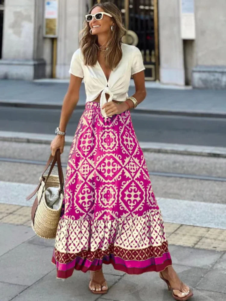 Geometric Print Vintage A-line Maxi Summer Skirt Waist Elastic Long Casual Women Faldas Mujer Spring Boho Beach Skirt