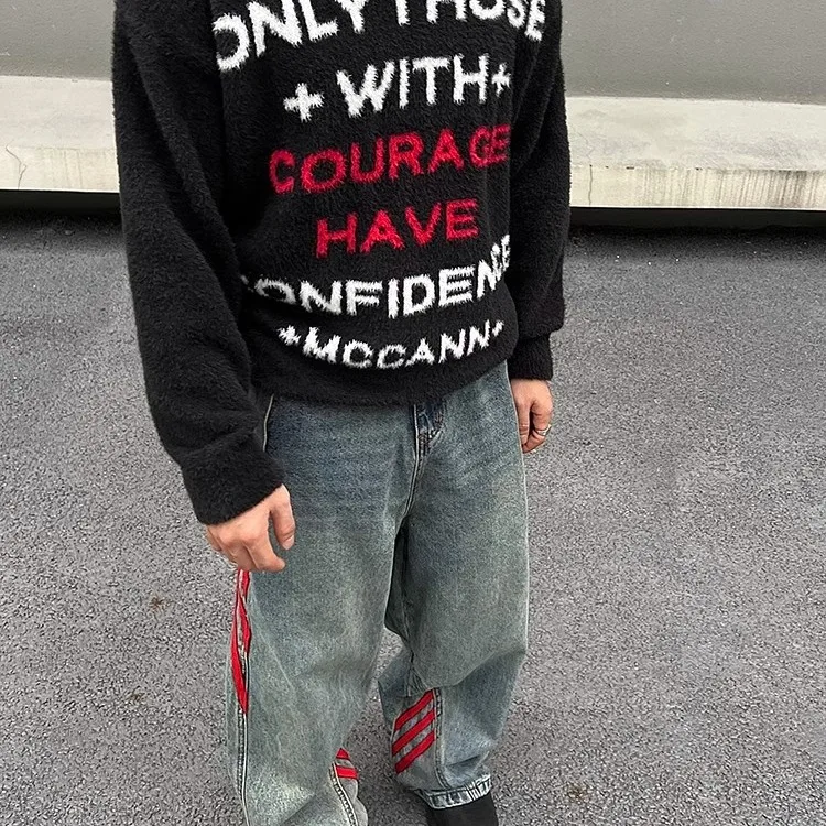 

Американский вязаный свитер больших размеров с буквенным узором, мужской ленивый круглый пуловер, пальто для пар, осень-зима