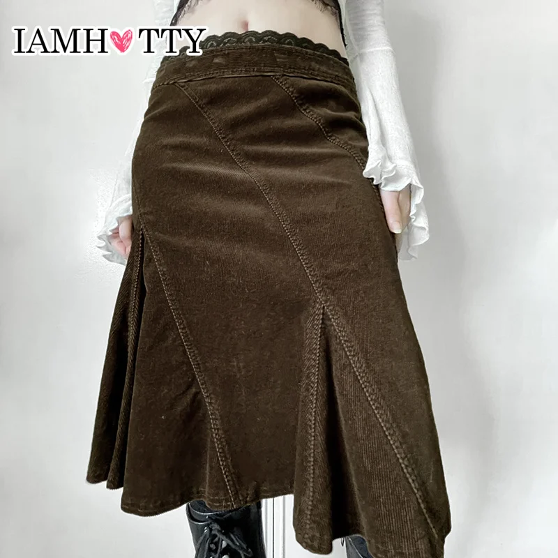 

IAMHOTTY Vintage Lace Stitching Waist Velvet Skirt Reverse Thread Midi-calf Skirts Fairycore Grunge A-line Pleated Skirts Ladies