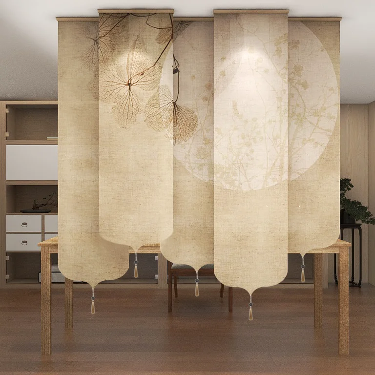 New Chinese Style Tea Room Semi-Transparent Screen Curtain Electrically Operated Hanging Partition Soft Curtain Light Blocking