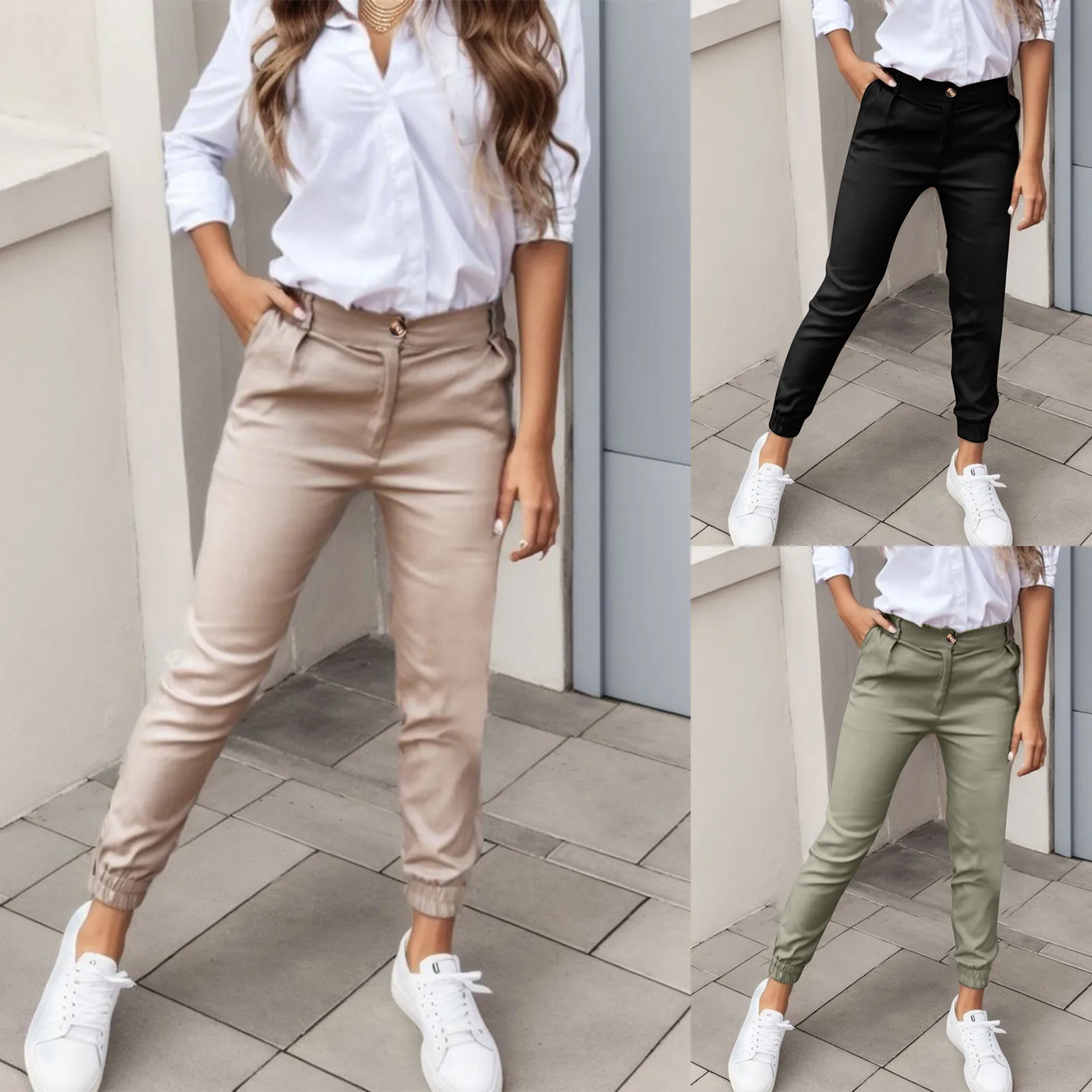 Lente Zomer Dames Mode Knoop Potlood Broek Elegante Slim Fit Effen Broek Office Lady Pocket Casual Broek