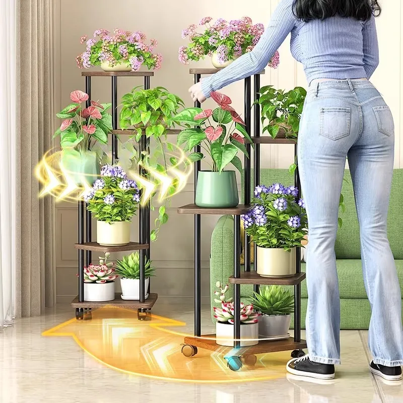 Iron Rolling Planter Stand, Mobile Flower Pot Shelf on Wheels, Floor Storage Rack for Balcony Living Room, Space Saving Home