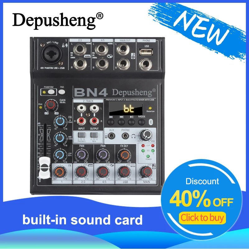 

Mixer Audio Depusheng BN4 Professional 5 Channel Digital DJ Mixing Table with Sound Card 48V Phantom Power For Recording Guitar