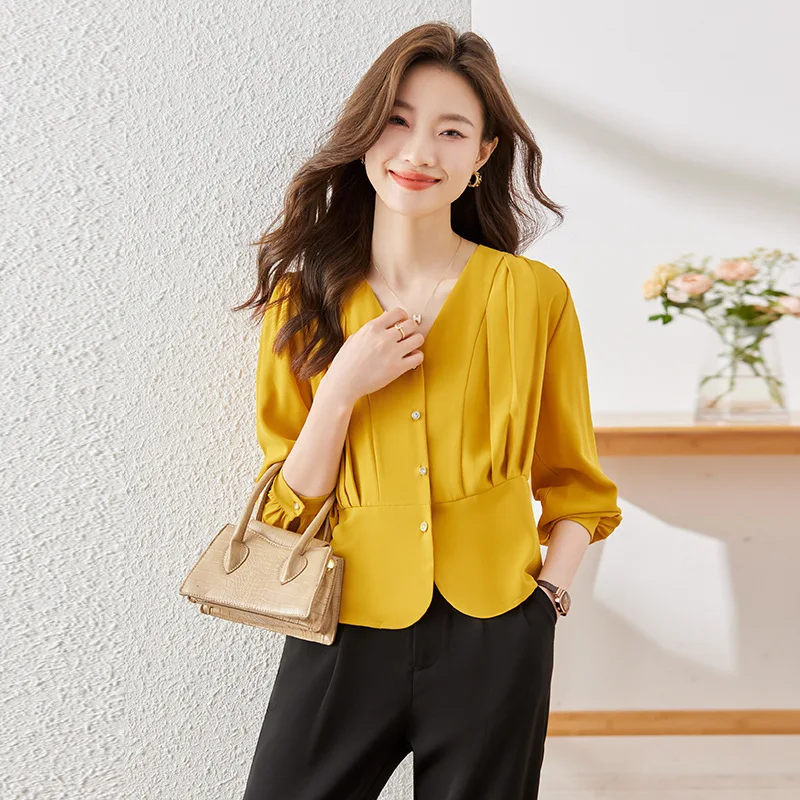 Fashion V-neck Blouses Shirts for Women Business Work Wear Spring Autumn Formal OL Styles Professional Female Tops Clothes S-4XL