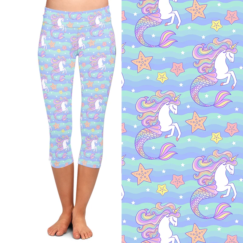 LETSFIND High Quaility Women Fitness Capri Leggings Summer 3D Seahorse Unicorn and Starfish Print Sexy Slim Mid-Calf 3/4 Pants