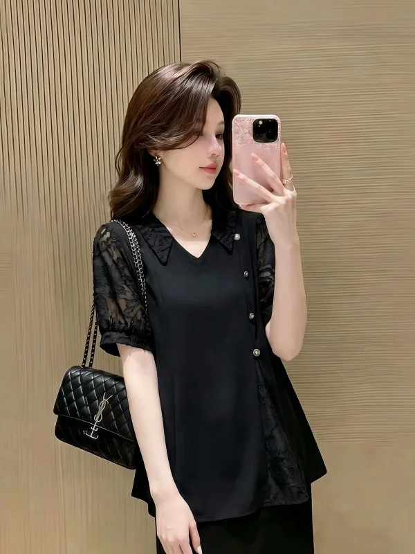 Elegant V-neck Short-sleeved Shirt Women's Fashionable Korean Style Loose Fit Breathable Skin-friendly Summer New Arrival