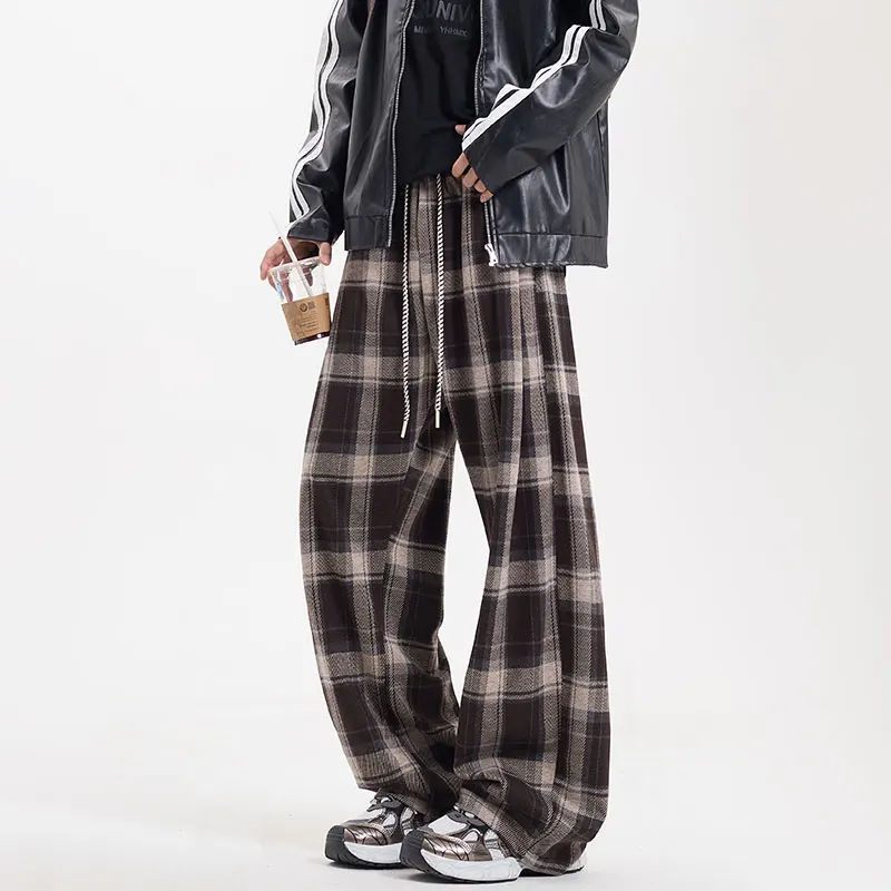 Men Plaid Pants Streetwear Wide Leg Elastic Waist Loose Sports Pants Trousers Checkered Trousers