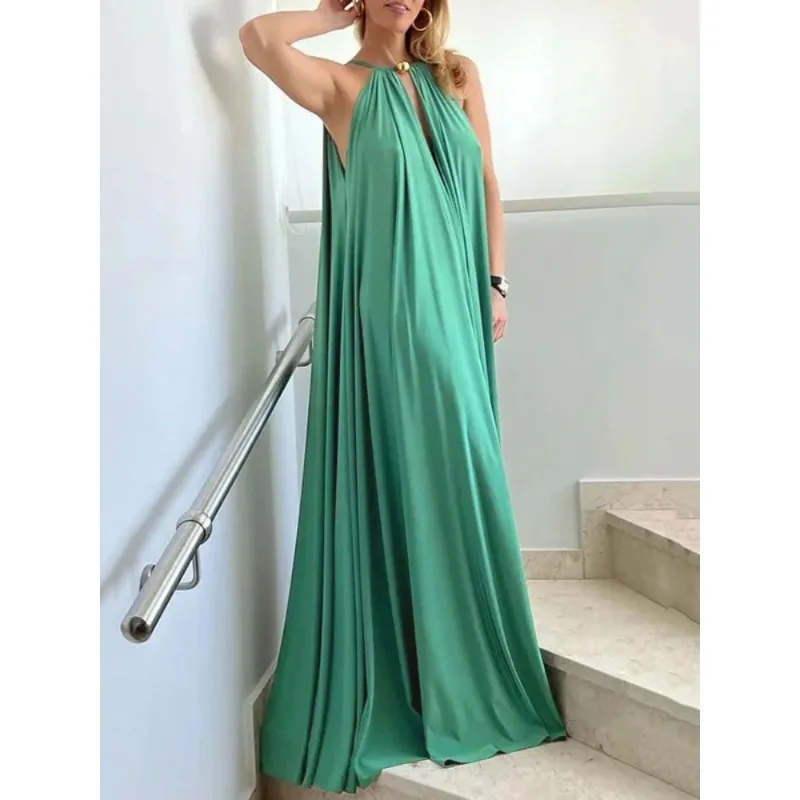 Tinha فساتين حفلات الأعياد باللون الأخضر/الأصفر للنساء 2025 فستان صيفي على شكل حرف a بطيات مجوفة فستان طويل أنيق ملابس نسائية 182717 #3