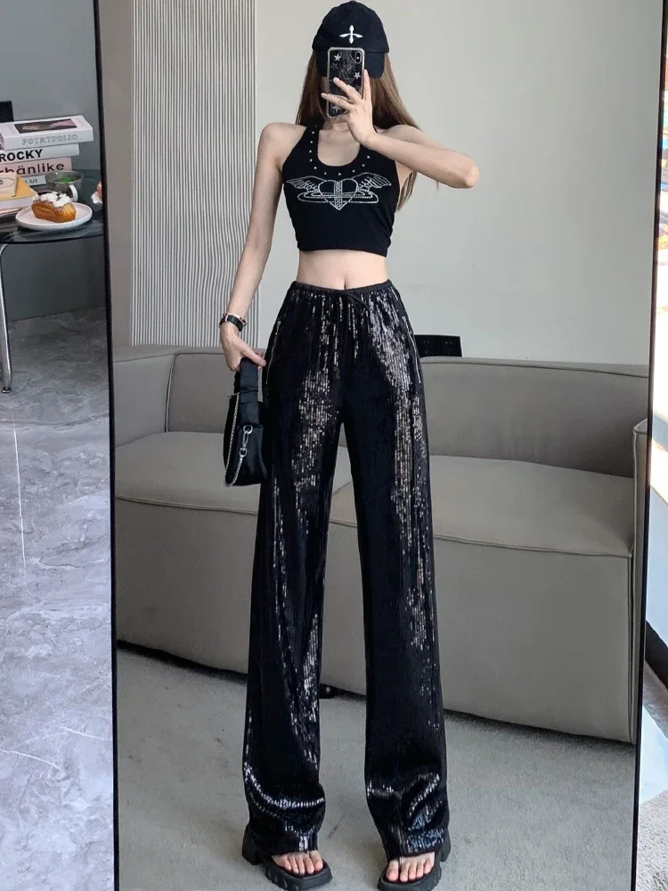 Błyszczące spodnie z szerokimi nogawkami dla kobiet Jesienne spodnie z wysokim stanem ze sznurkiem Casualowe spodnie z prostymi nogawkami o długości do podłogi 2025 Nowa wiosna