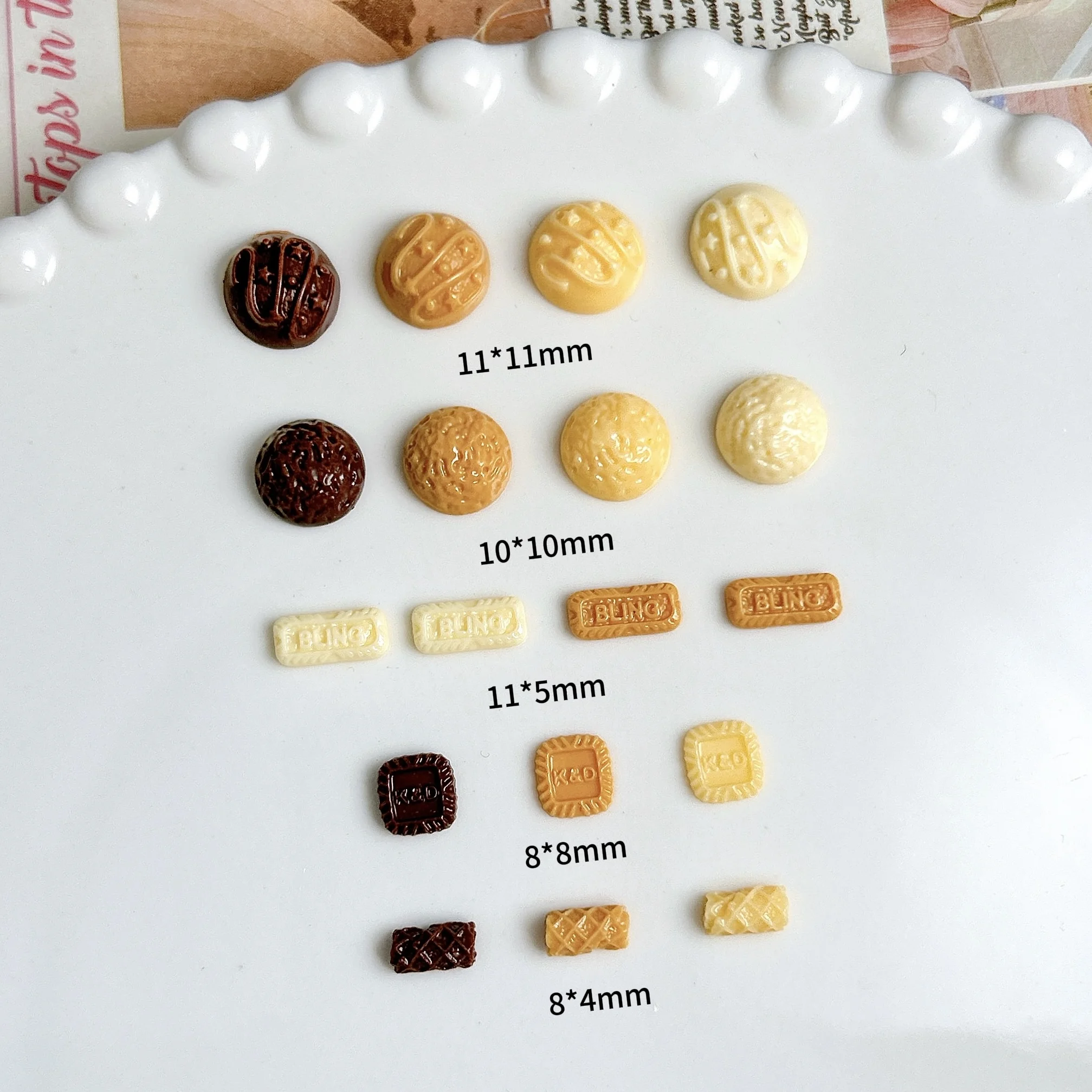 50PCS Creative Egg Rolls Square Biscuit Resin Nail Charms Solid Color Luminous Half Round Chocolate Nail Art Decorations for DIY