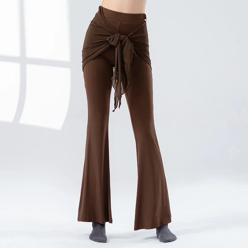 Calça de dança moderna feminina, longa, microflavada, latina, linha de palco, roupa de dança feminina, saia envoltória de malha, traje de prática clássica
