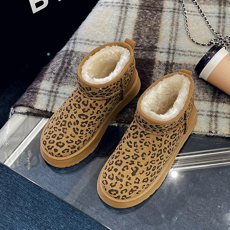 Winter snow boots women's cropped shoes women velvet shoes woman warm one-footed leopard print ankle boots botas mujer botines