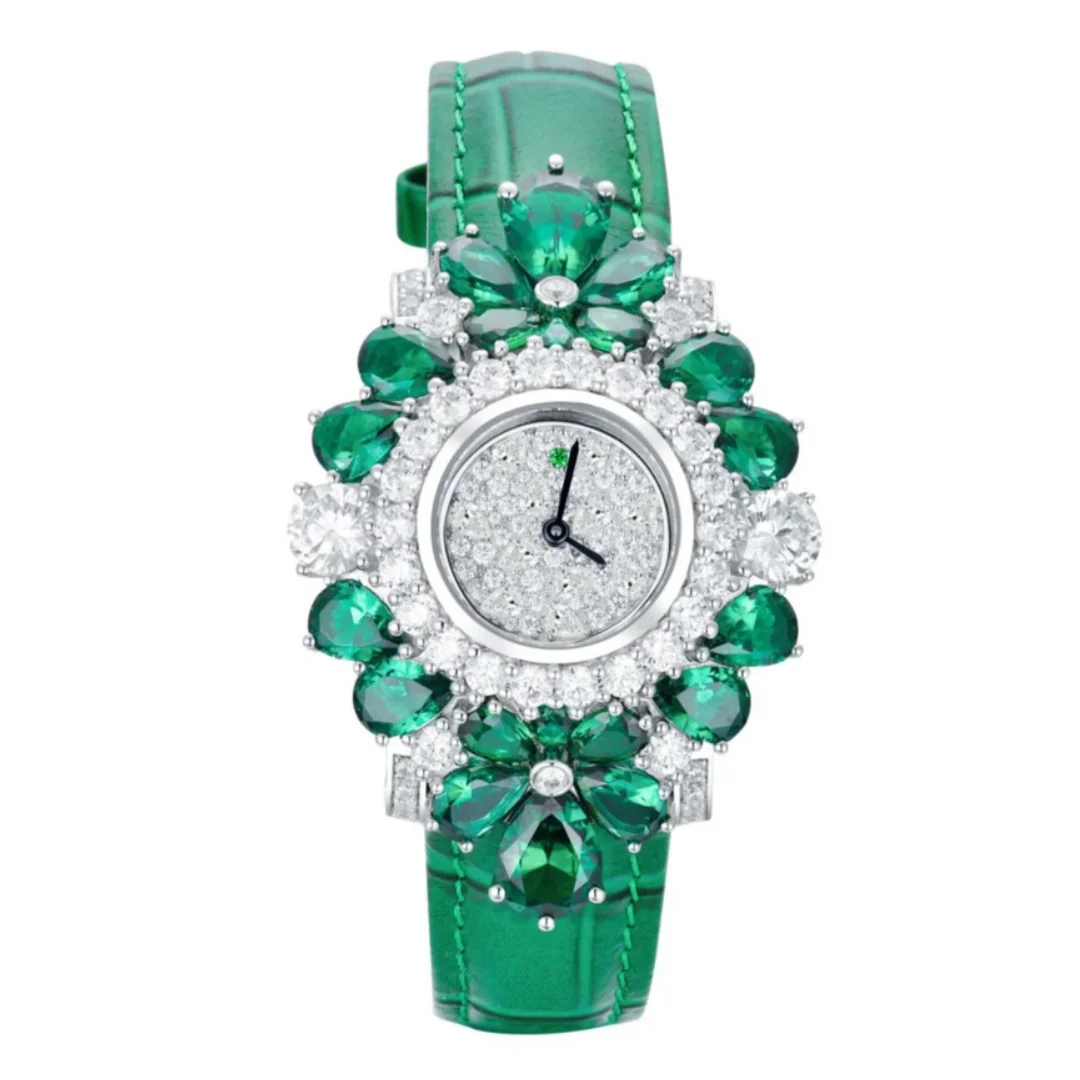 

Bellux Green Elf Роскошные женские ювелирные часы с искусственным изумрудом и каплями воды, часы с белыми бриллиантами