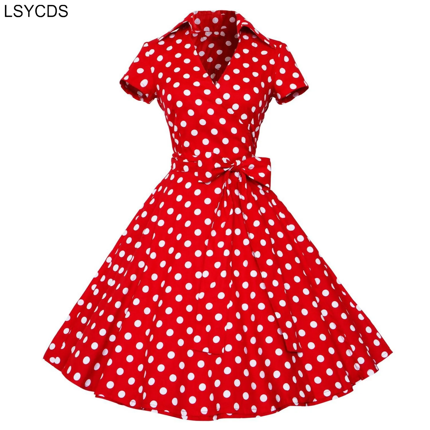 LSYCDS Women's Retro Polka Dot Dress Fashion Red Yellow Color Short Sleeve V Neck Belted A Line Summer Party 50s Vintage Dresses