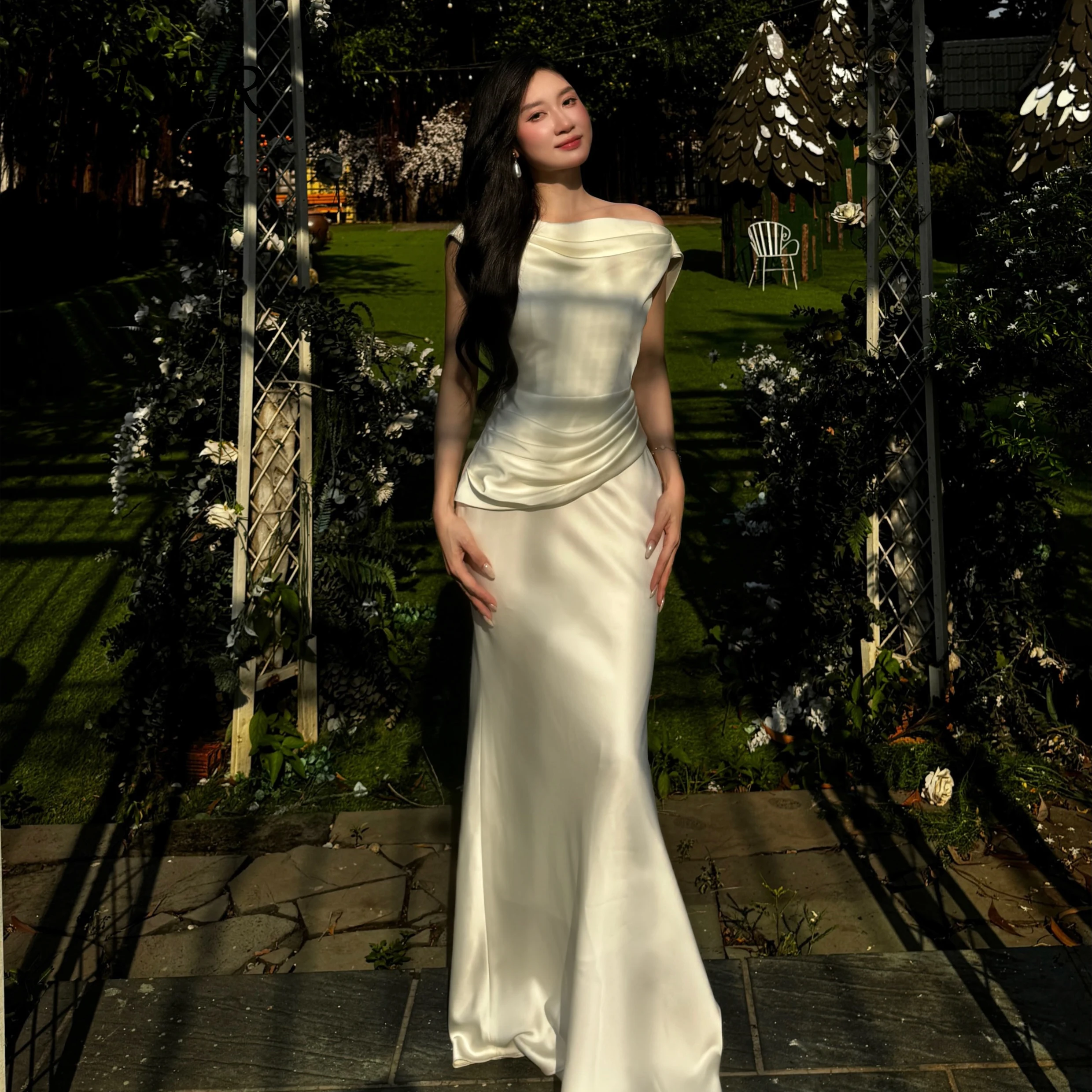 Liser Graceful Satin Mermaid Evening Dress Off Shoulder Draped Slim Fit Long Wedding Guest Dress Formal Party Maxi Gown Customiz