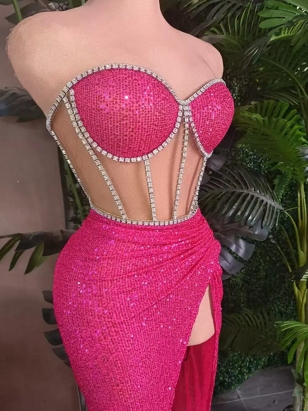 Tangguo Sparkly Rhinestone Fashion Crop Tops Mini Skirt 2Pieces Set Strapless Asymmetrical Long Skirt Sexy Women Party Outfit