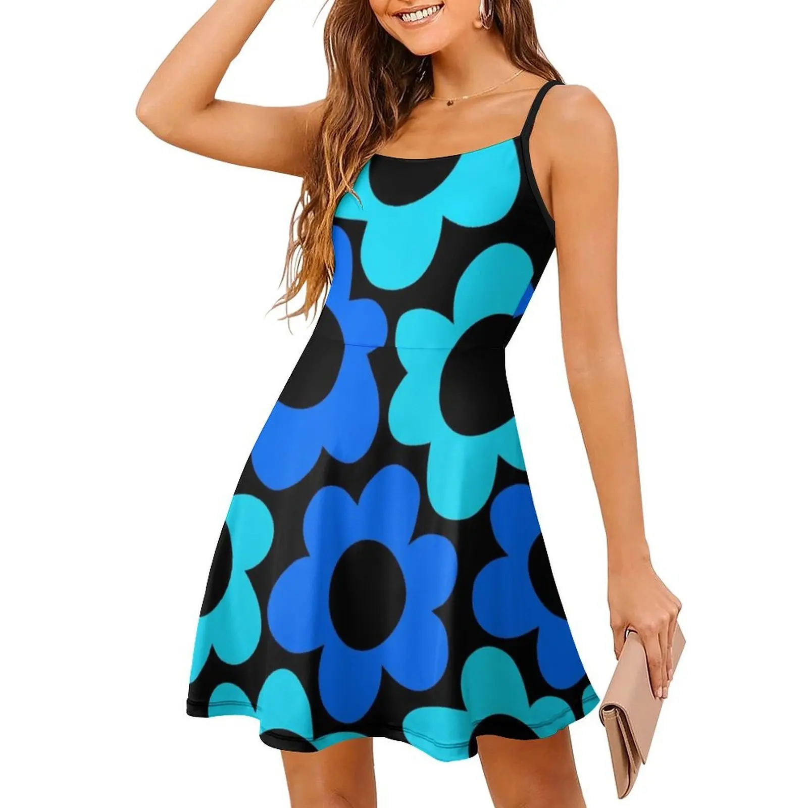 فستان ريترو 1960'S أزرق وزهرة أكوا على فستان قصير أسود على طراز بريبي للنساء على شكل حرف a فضفاض مناسب فستان يوم غير رسمي عتيق #3