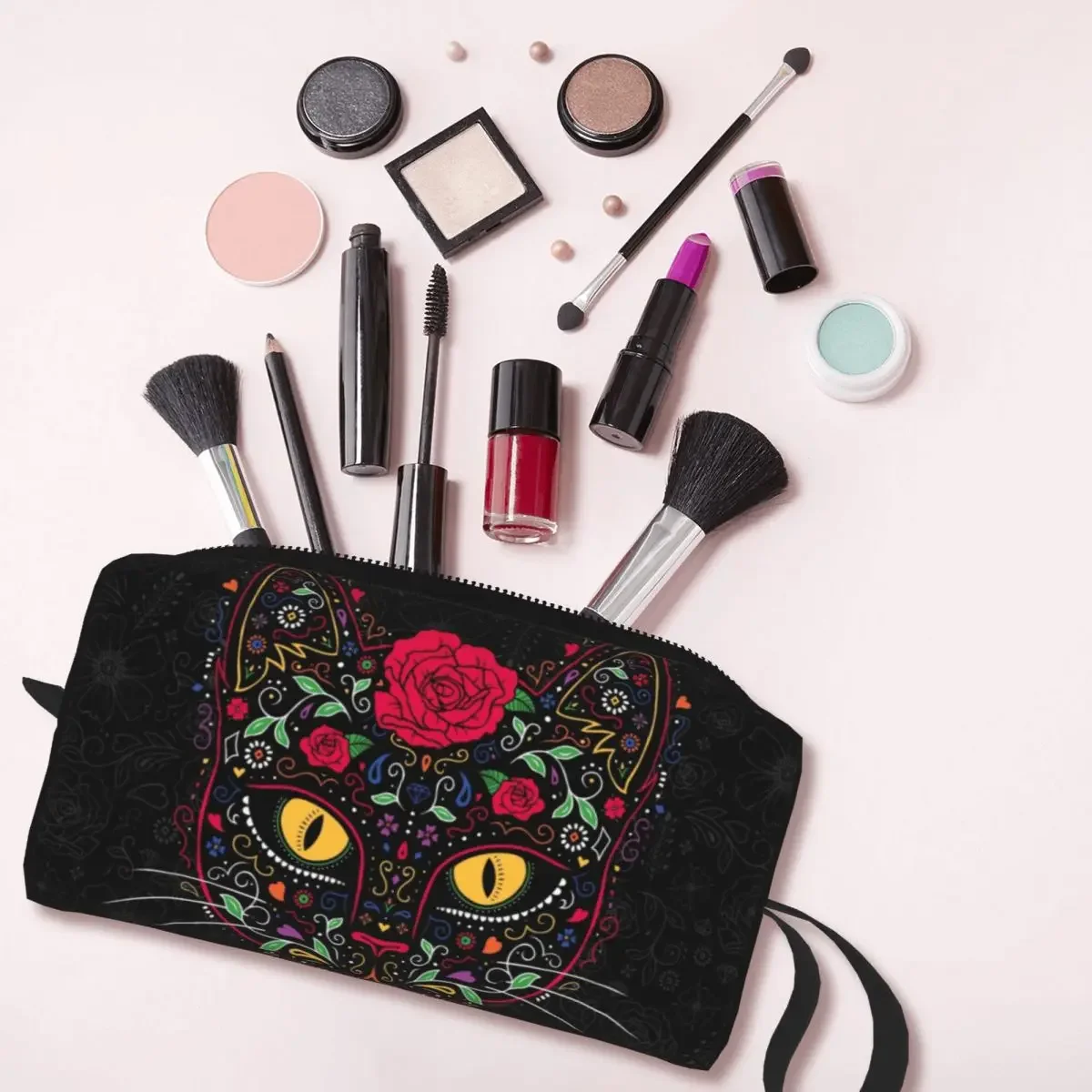 Day Of The Dead Kitten Cat Sugar Skull Travel Toiletry Bag Mexican Halloween Floral Makeup Cosmetic Bag Beauty Storage Dopp Kit