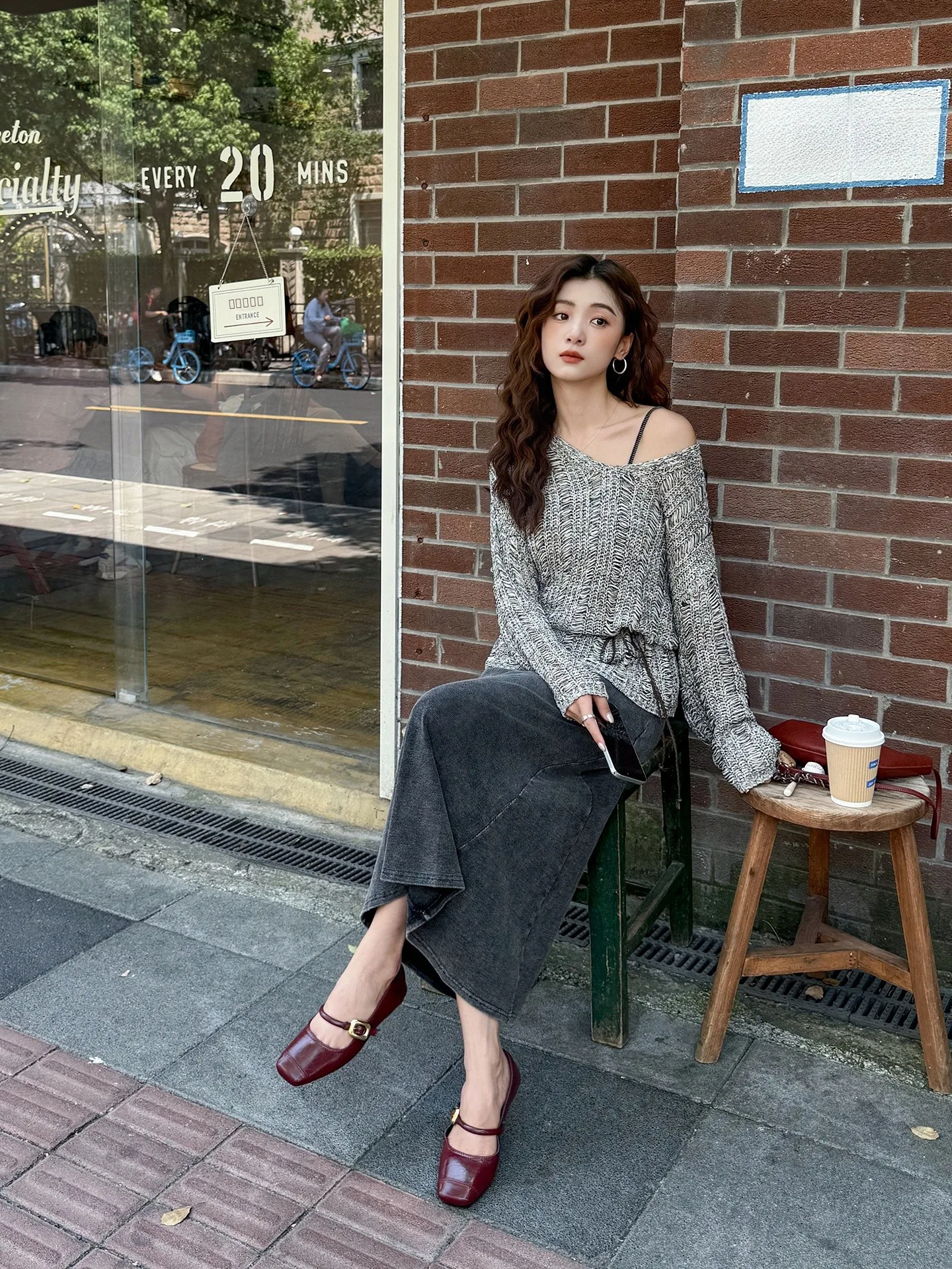 

Loose V-ne Women's Sweater Double Knit Long Sve ey Oversized Comfortable Casual Faion Knittedwear Easy to Wear