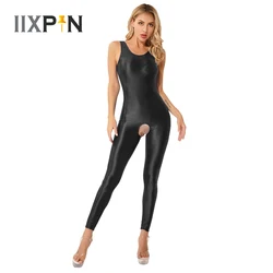 Glossy Women Oil Shiny Catsuit Bodysuit One-piece Jumpsuit Sexy Sport Leotard Playsuit Romper Overalls Glossy Open Crotch Tights