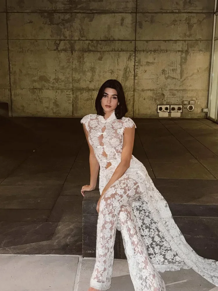 Women White Lace Two-piece Set Sleeveless Stand Neck Hollow Out Waist Cinching Pants Suits Sheer Summer Party Casual Outfits New