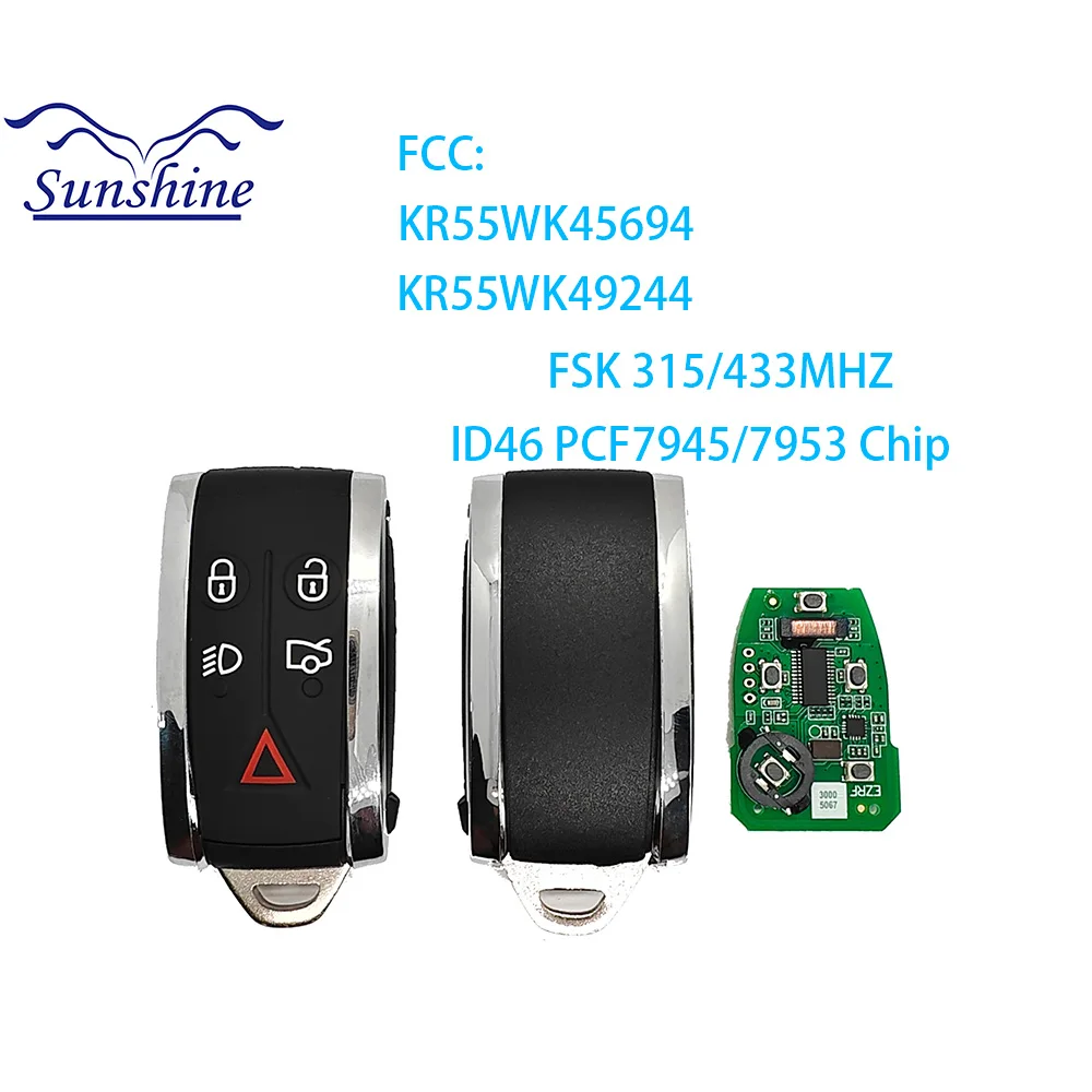 

Дистанционный ключ от солнца, 5 кнопок для Jaguar XF XFR XK XKR XJ8 XK8 2007+ 315/433 МГц FSK ID46 KR55WK49244 C2P17156, вход без ключа
