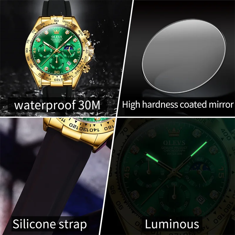 Relogio Masculino Olevs Golden Green Mannen Horloge Sport Quartz Horloges Mens Waterdichte Lichtgevende Maan Fase Militaire Horloge