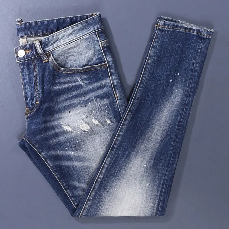 

Fashionable new autumn men's jeans, washed with water, nostalgic stretch, slim fit, retro blue jeans, high street hip-hop brand