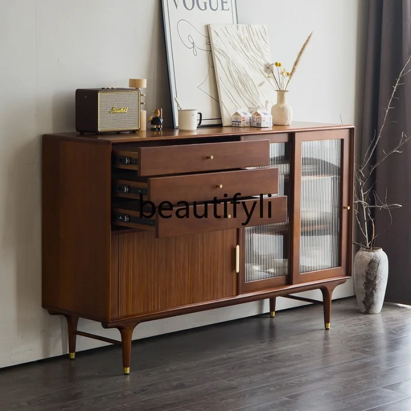 

Nordic Retro Sideboard Cabinet Solid Wood Simple Walnut Color Storage Entryway Full Solid Wood Chest of Drawers