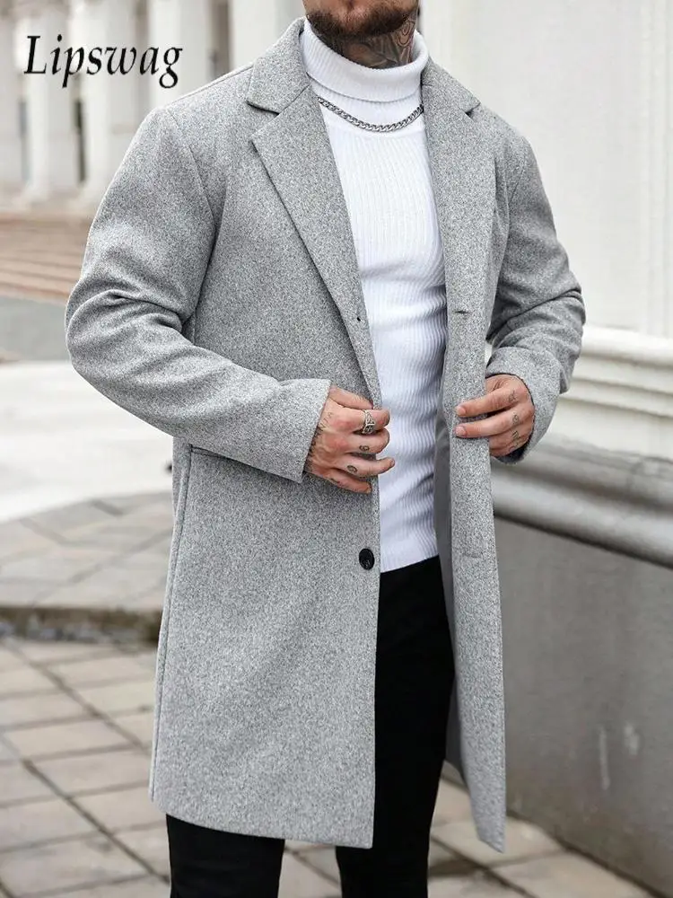 

Уличный повседневный мужской шерстяной плащ, пальто, осень-зима, модные однотонные пальто с лацканами на пуговицах, винтажные мужские куртки