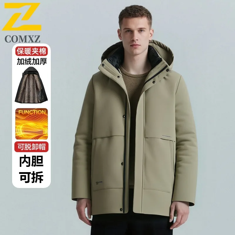 COMXZ 2025 الشتاء الصوف الحراري سترة الرجال الفاخرة سميكة انفصال مقنعين سترة المشي لمسافات طويلة التزلج مقاوم للماء القطن وسادة مبطنة