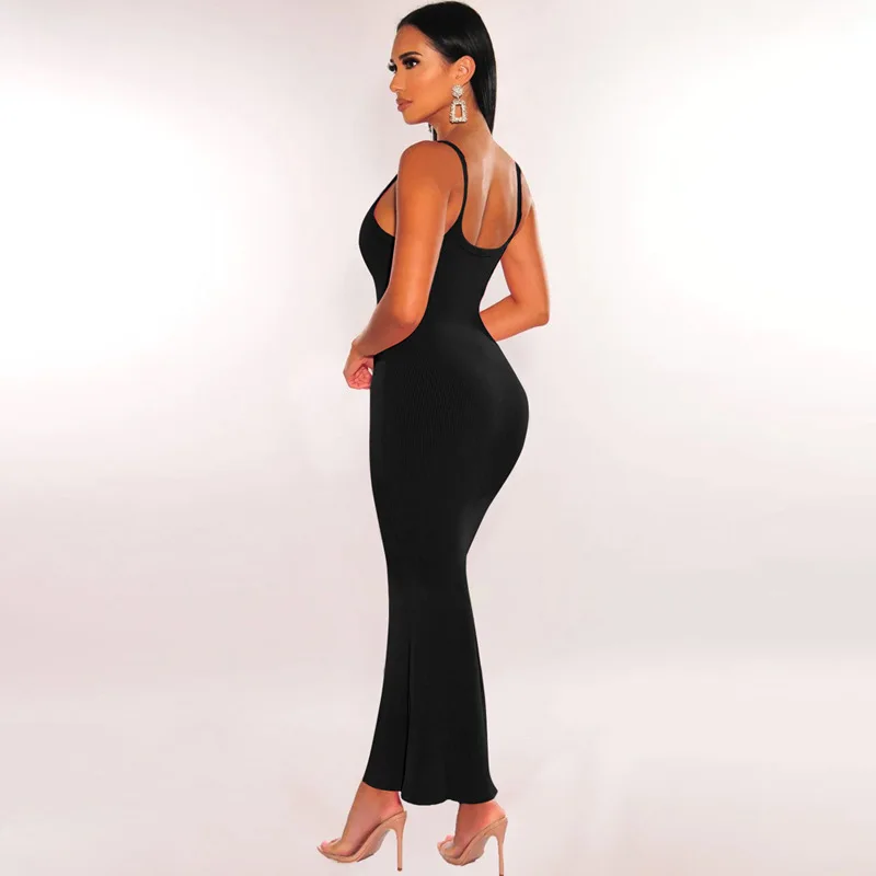 modern rib knit sleeveless plain halter simple bodycon casual long dresses for women