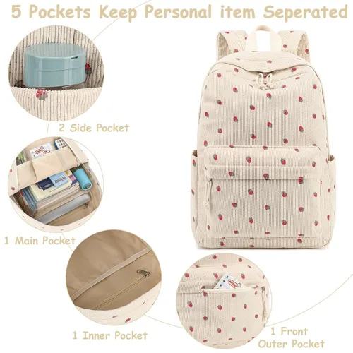 Imagen 2 del producto 3/juego de mochilas de pana, mochila escolar multifunción de fresa, mochila escolar informal de viaje de gran capacidad para estudiantes ligera para uso diario