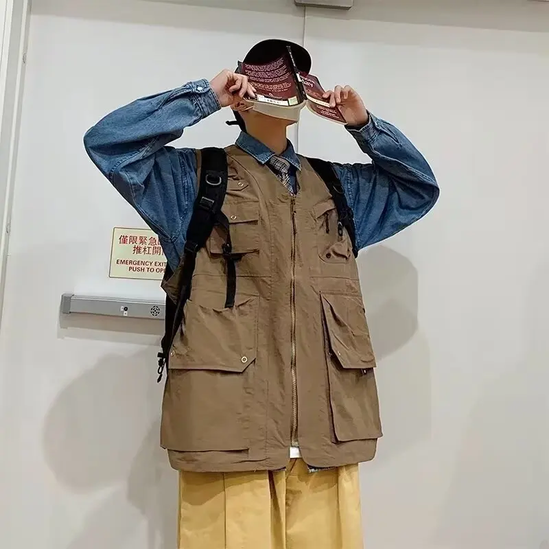 Chaleco funcional retro japonés de primavera con múltiples bolsillos para hombres y mujeres, chaqueta de trabajo informal multifunción con cuello en V para exteriores