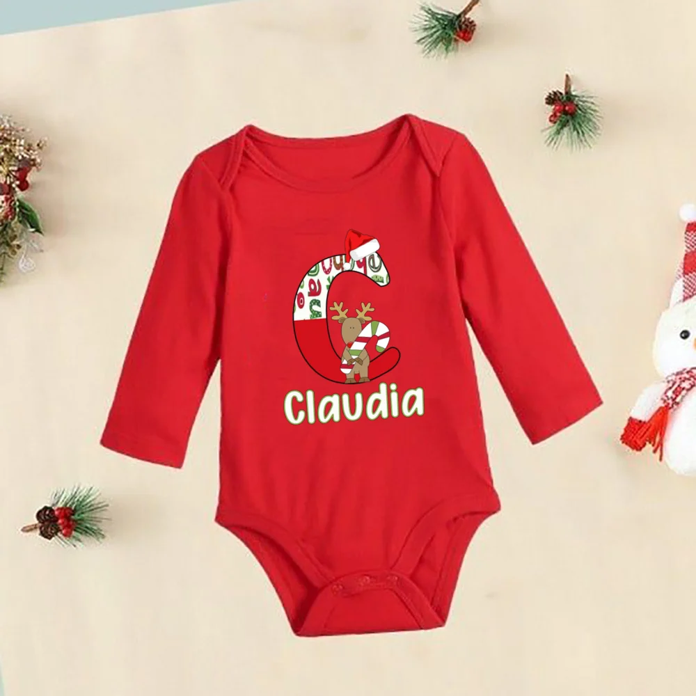 Personalised Initial with Name Baby Bodysuit Infant Christmas Party red cotton Outfit Newborn Jumpsuit Toddler Xmas Clothes Gift