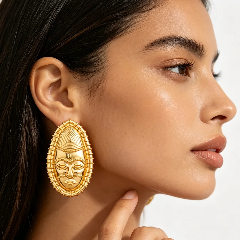 Damen-Set aus 18K vergoldeten afrikanischen Tribal-Masken-Ohrringen und -Ring, ethnischer Statement-Schmuck, Geschenk für Party und Hochzeit – Detail 5