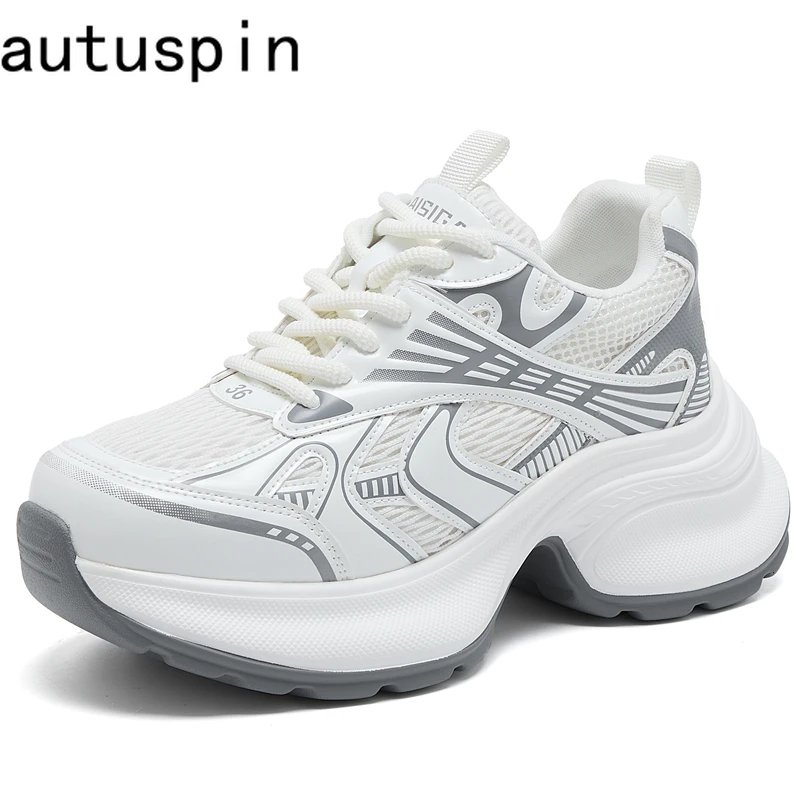 

AUTUSPIN/женская вулканизированная обувь 5 см, осенне-весенние удобные кожаные кроссовки с воздушной сеткой, женская прогулочная обувь на шнуровке