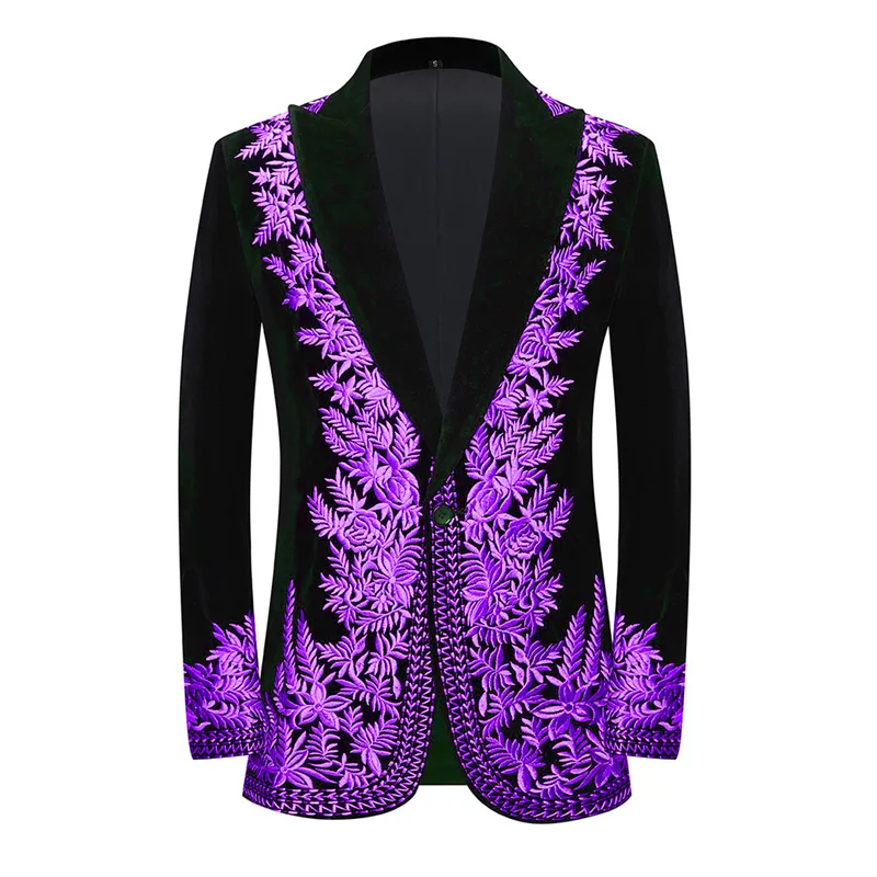 Men Black Velvet Blazers with Vibrant Green Embroidered Floral Pattern, Perfect for Stage Performances & Wedding , Party Events