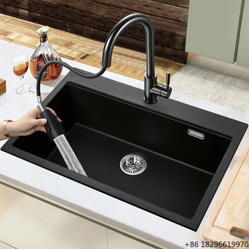 

Wholesale Black Quartz Composite Granite High Hardness Single Bowl Under Counter Quartz Kitchen Sink