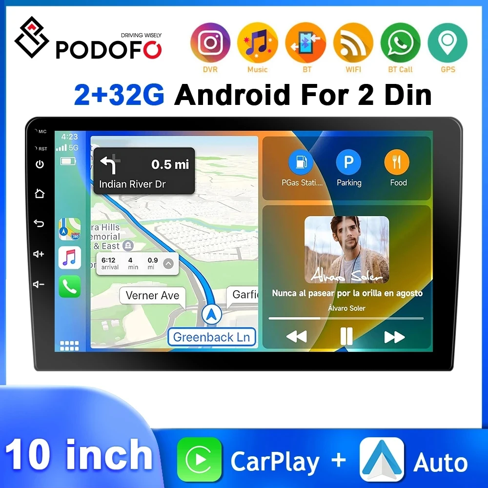 

Podofo Universal 2Din Car Stereo 10.1'' Android Car Audio Carplay Android Auto HiFi GPS Navigation WIFI 2+32G 4Core BT Autoradio