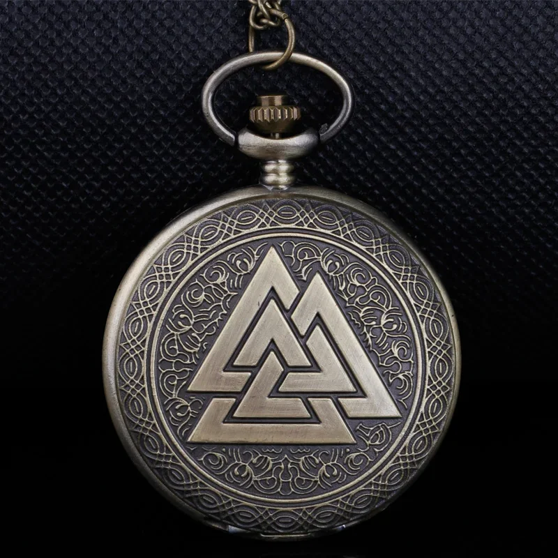 Bronze Vintage Norse Viking Pocket Watch Pendant Triangle Valknut Quartz Clock Chain Fine Charm Gifts Ideal For Both Men Women