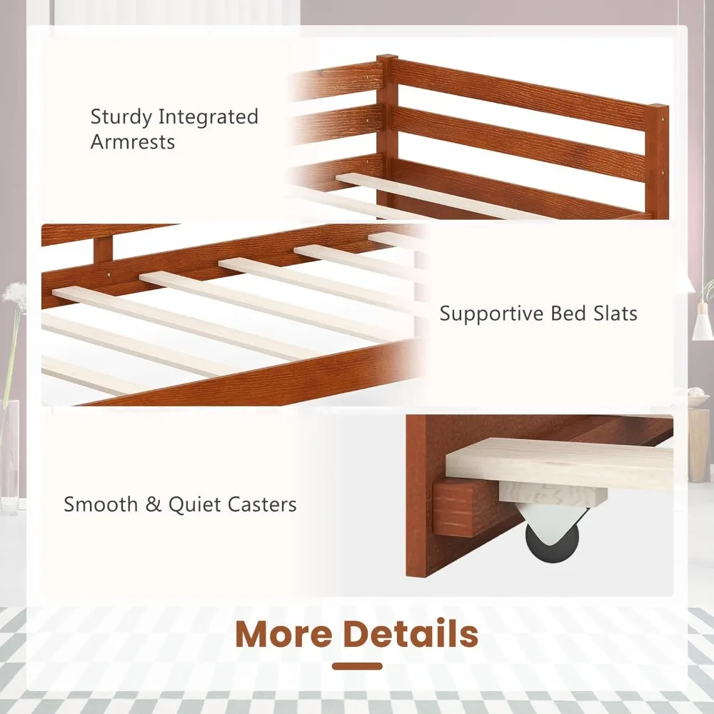Twin Daybed with Trundle, Wood Trundle Bed with Wood Slat Support, Mid Century Day Bed Frame for Living Room Guest Room
