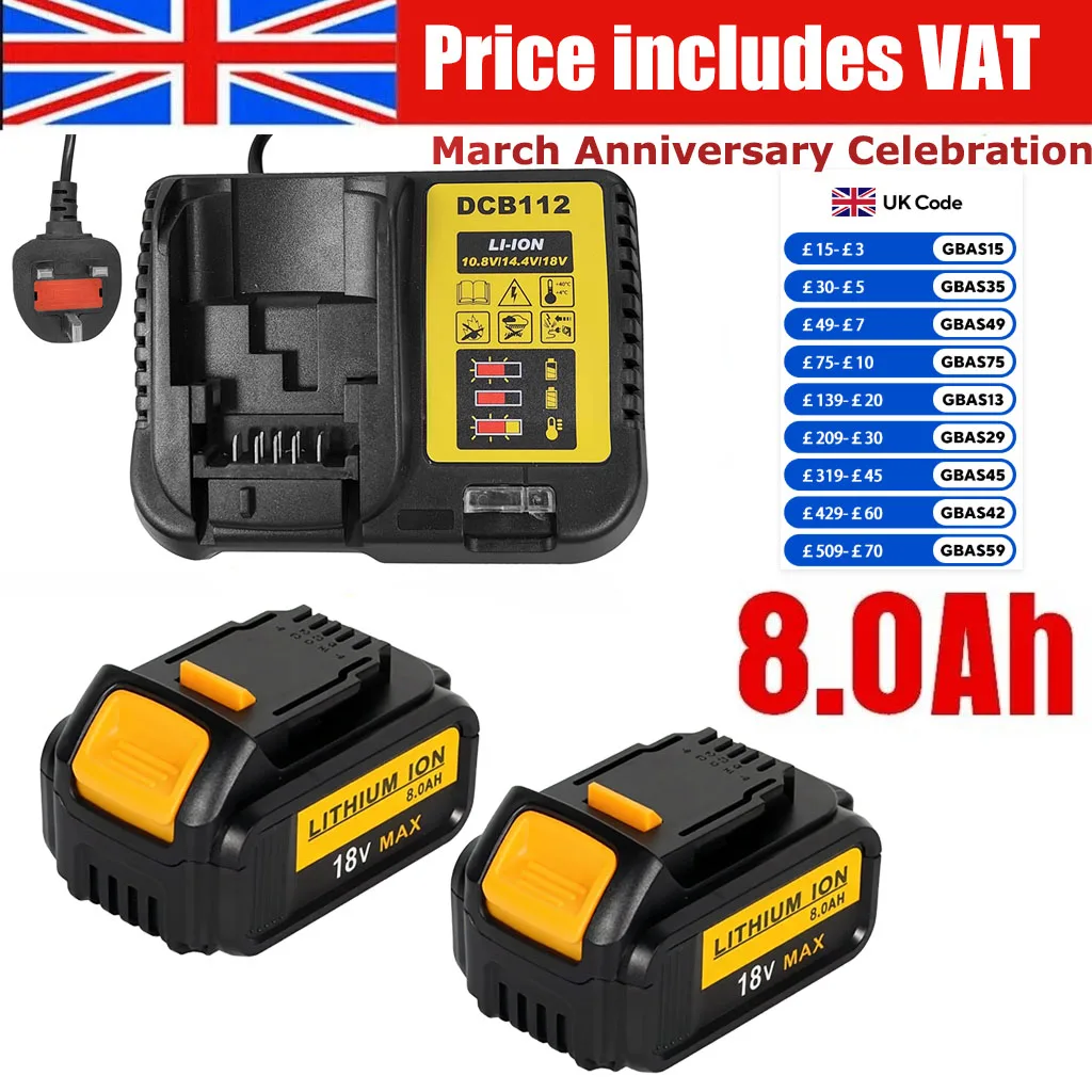 2Pack 8.0Ah 18V Li-ion Battery for Dewalt  XR slide Li-ion DCB184 DCB182 DCB183 + DC18RC Charger