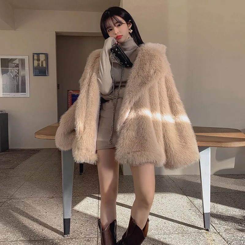 Toca Winter Faux Fox Fur Mid-length Thickened Young Faux Fur Dress Collar Fur Coat for Women