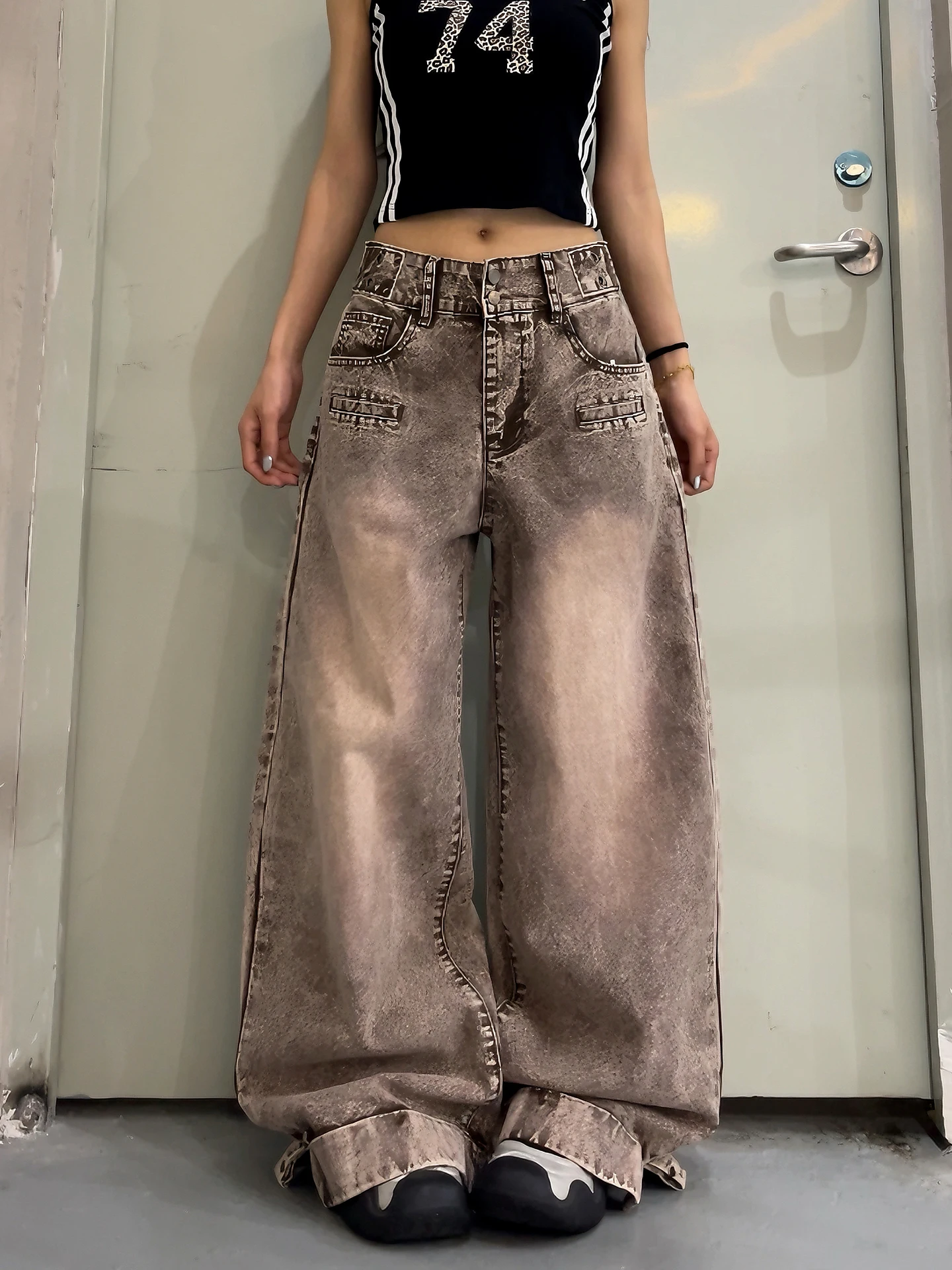 

Street Style Retro Washed Wide Leg Straight Cut Denim Jeans High Waist Cotton Spring Ladies Casual Comfortable Breathable