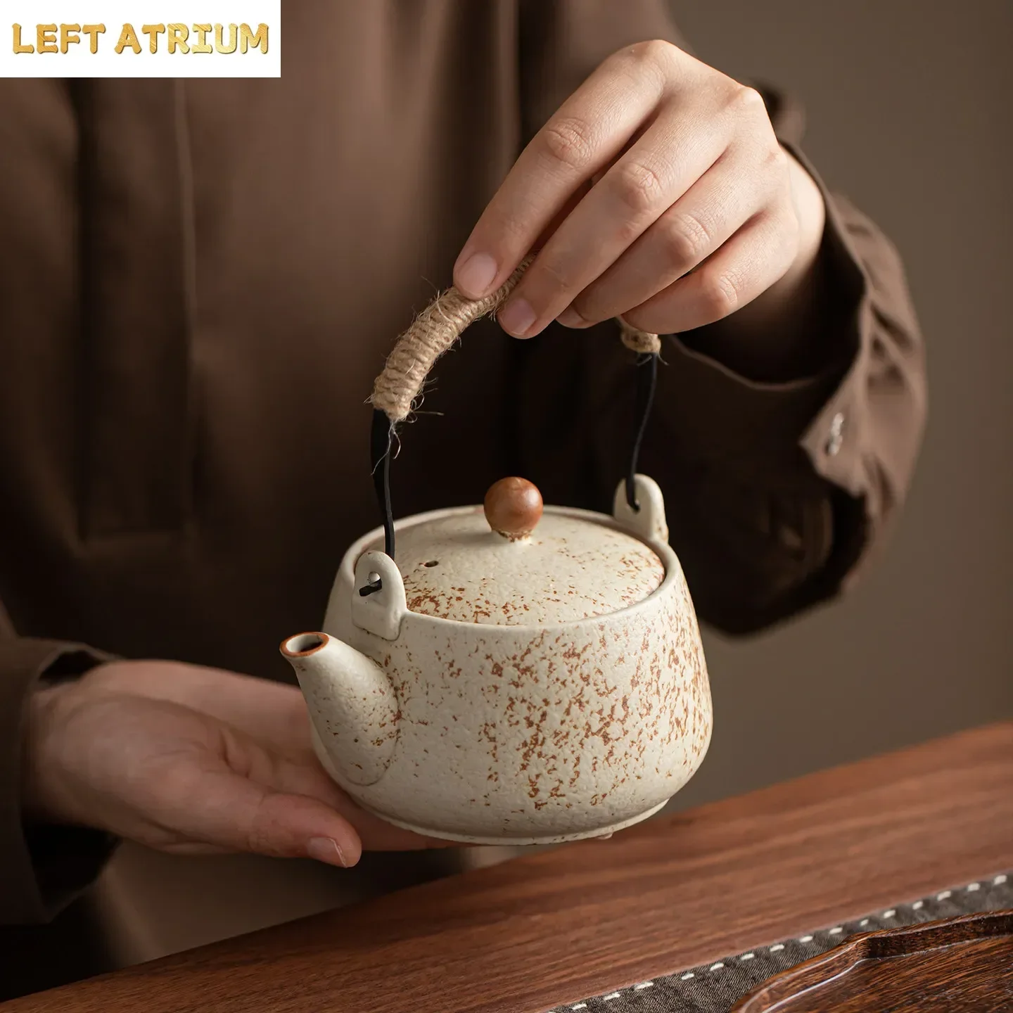 Vintage Speckled Ceramic Teapot With Wrapped Rope Handle Wooden Knob Lid Retro Japanese‑Style Tea Kettle For Home Decoration