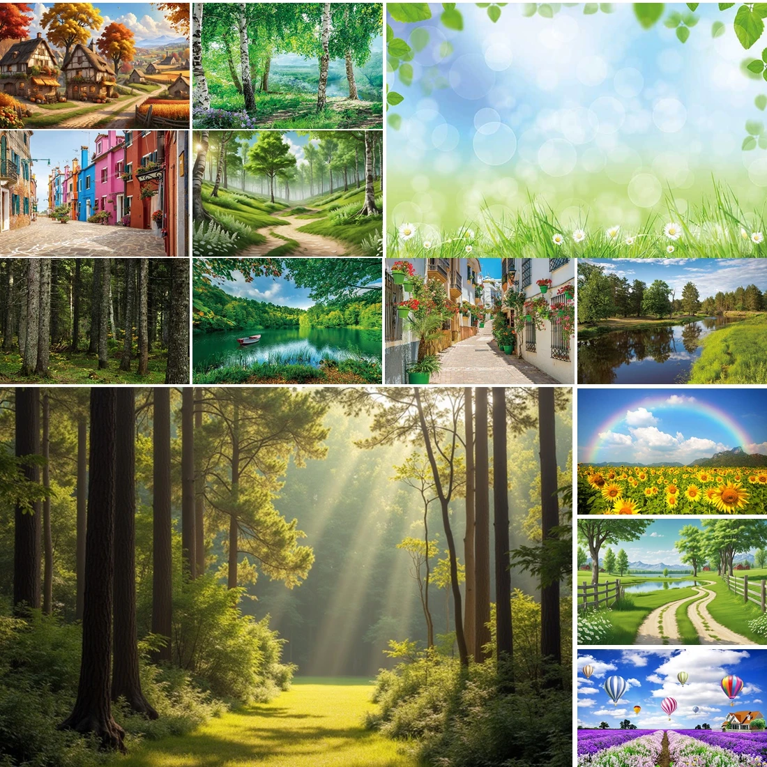 

MOON.QG Green Forest Wood Photo Background Village Trees Spring Backdrop Photography Props Kids Birthday Photography Accessories