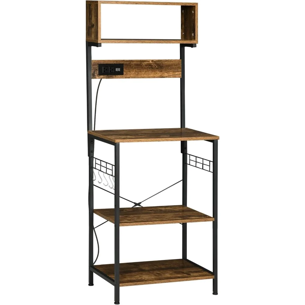 

Kitchen Bakers Rack with Power Outlet, USB Charger, Microwave Stand, Coffee Storage, Adjustable Shelves, Spice Hooks
